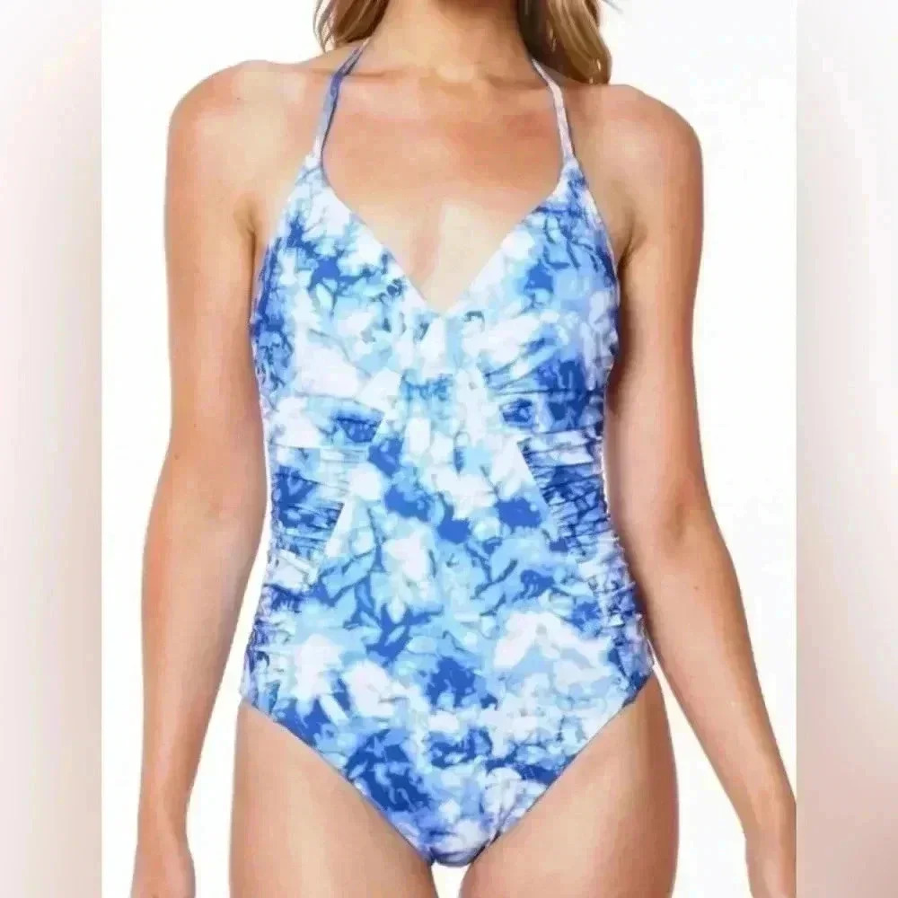 Sanctuary Women's Blue Tie Dye Halter Poolside One Piece Swimsuit XS NWT